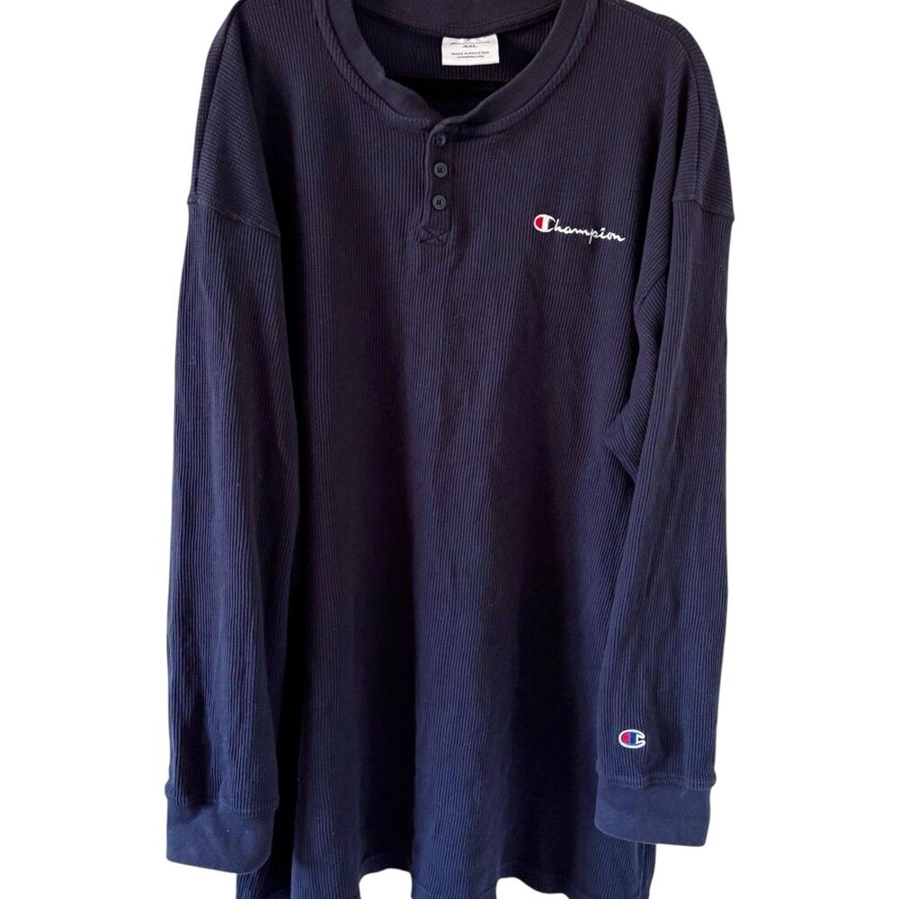 Champion Men's 4XL Long Sleeve Henley Thermal Shirt Navy Blue Waffle Knit Cotton